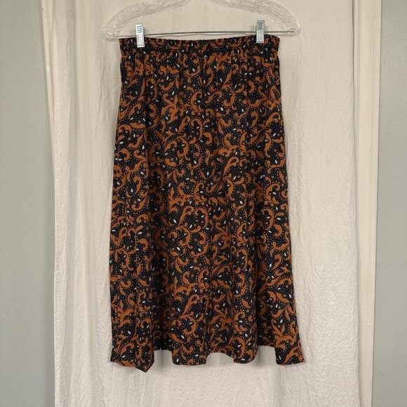 Vintage 90s Artsy Boho Pull On Stretchy Midi Skirt Size Med 12/14 Black Orange - Picture 1 of 11